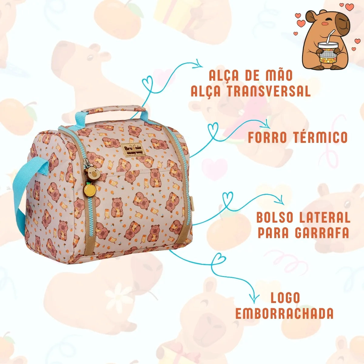 Kit Escolar Capivara com Mochila, Lancheira Térmica e Estojo