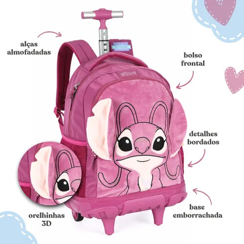 Mochila Rodinha Angel Pelúcia Grande Infantil Escolar