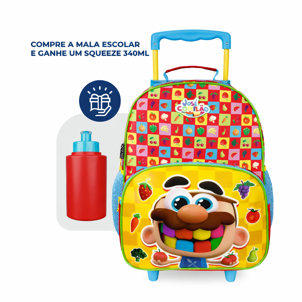 Mala Escolar com Rodinhas José Comilão + Squeeze 340ml