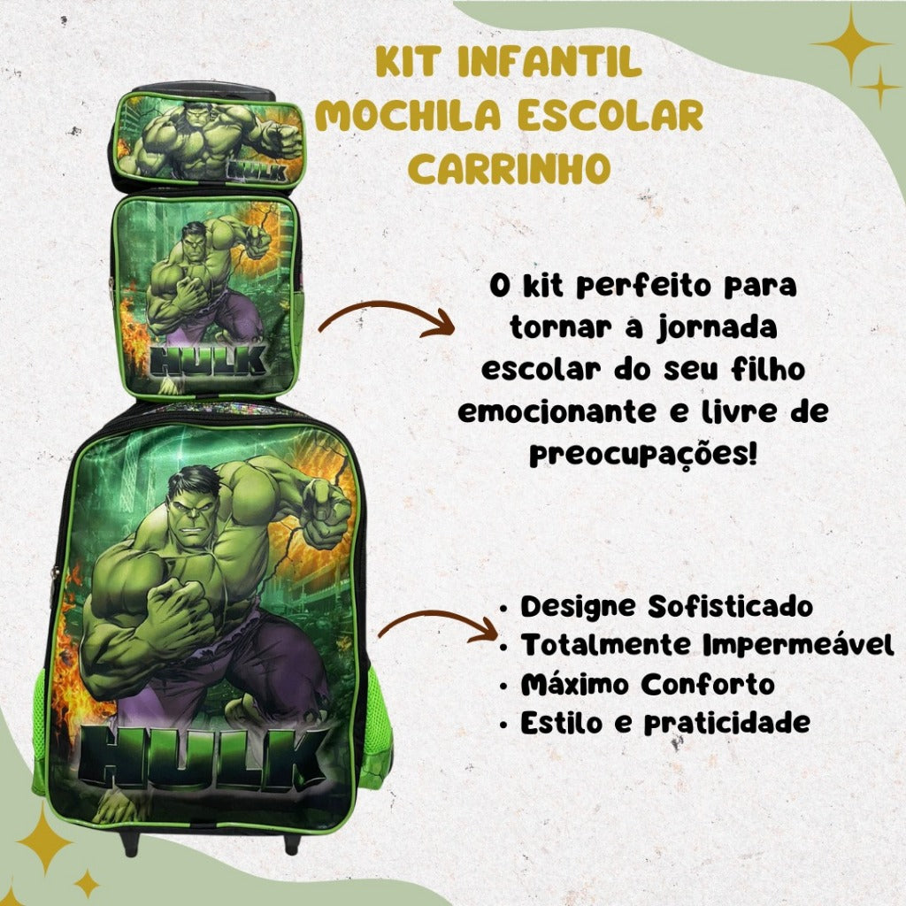 Kit Escolar Hulk com Mochila, Lancheira Térmica e Estojo