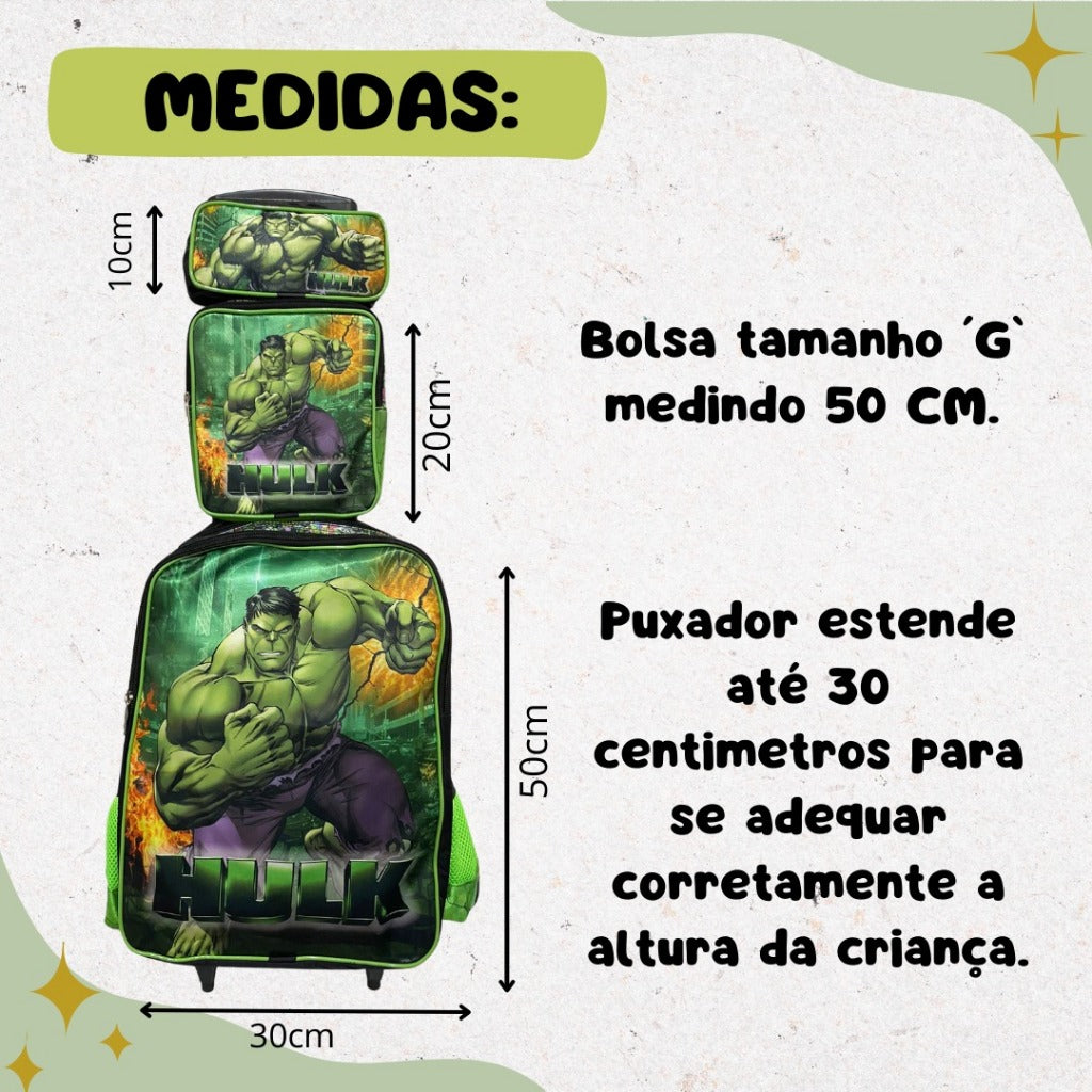 Kit Escolar Hulk com Mochila, Lancheira Térmica e Estojo