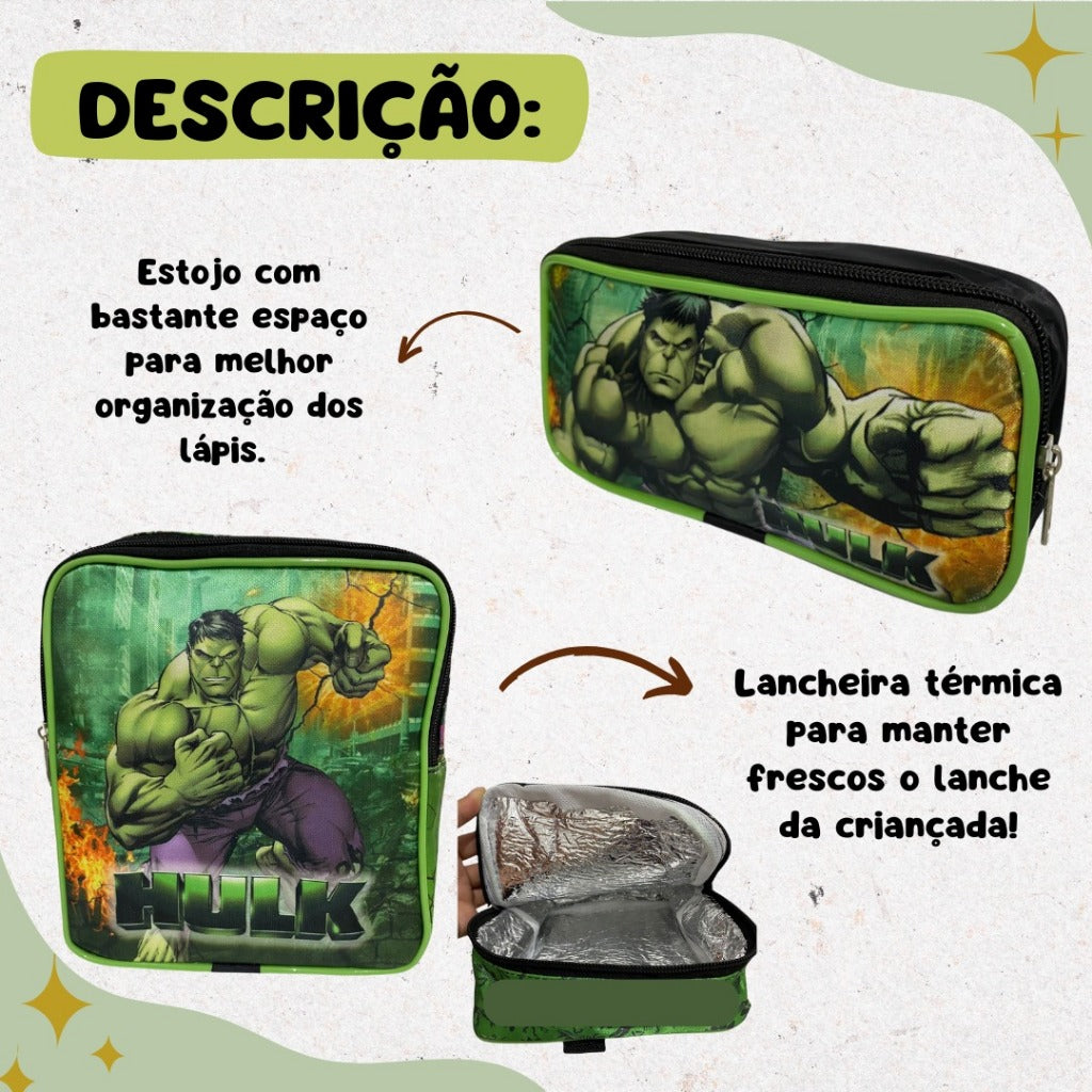 Kit Escolar Hulk com Mochila, Lancheira Térmica e Estojo